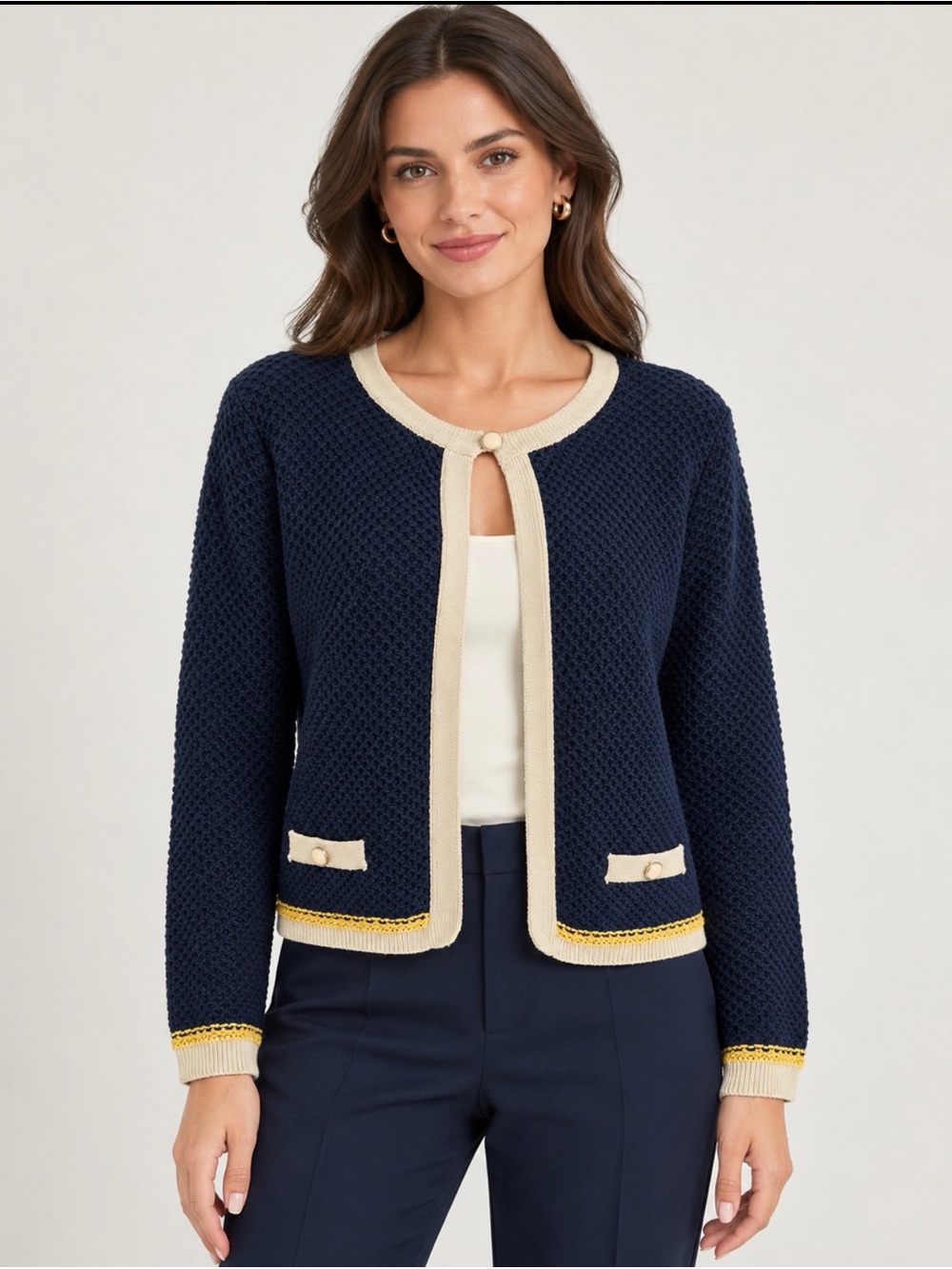 Laura Scott Navy Cardigan with Cream Trim and Yellow Accents